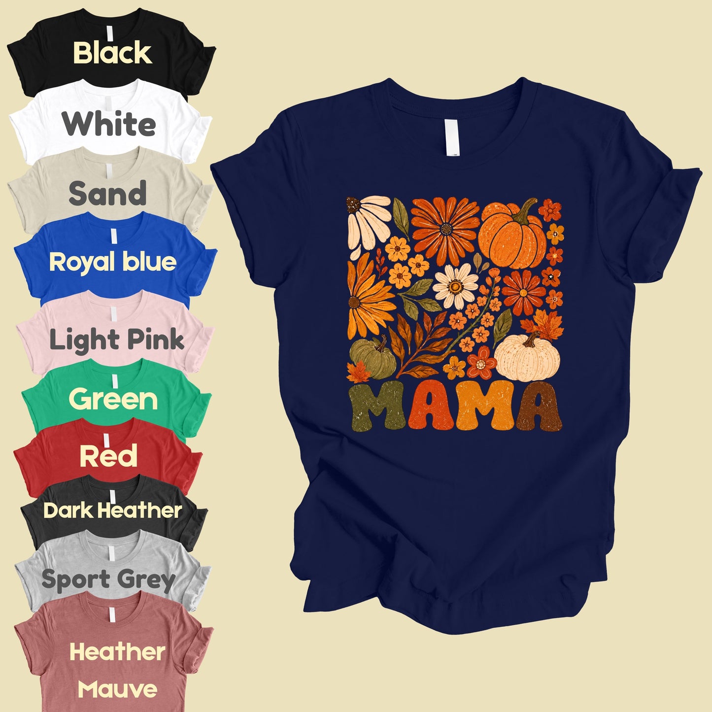 Mama Fall Floral Pumpkins T-Shirt, Retro Groovy Autumn Flowers Thanksgiving Comfort Color Tee