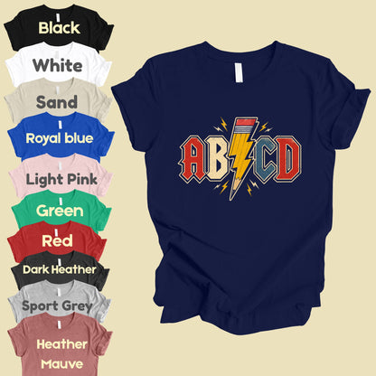AB CD Lightning Bolt Pencil Teacher T-Shirt, Rock N Roll Back to School Comfort Color Tee
