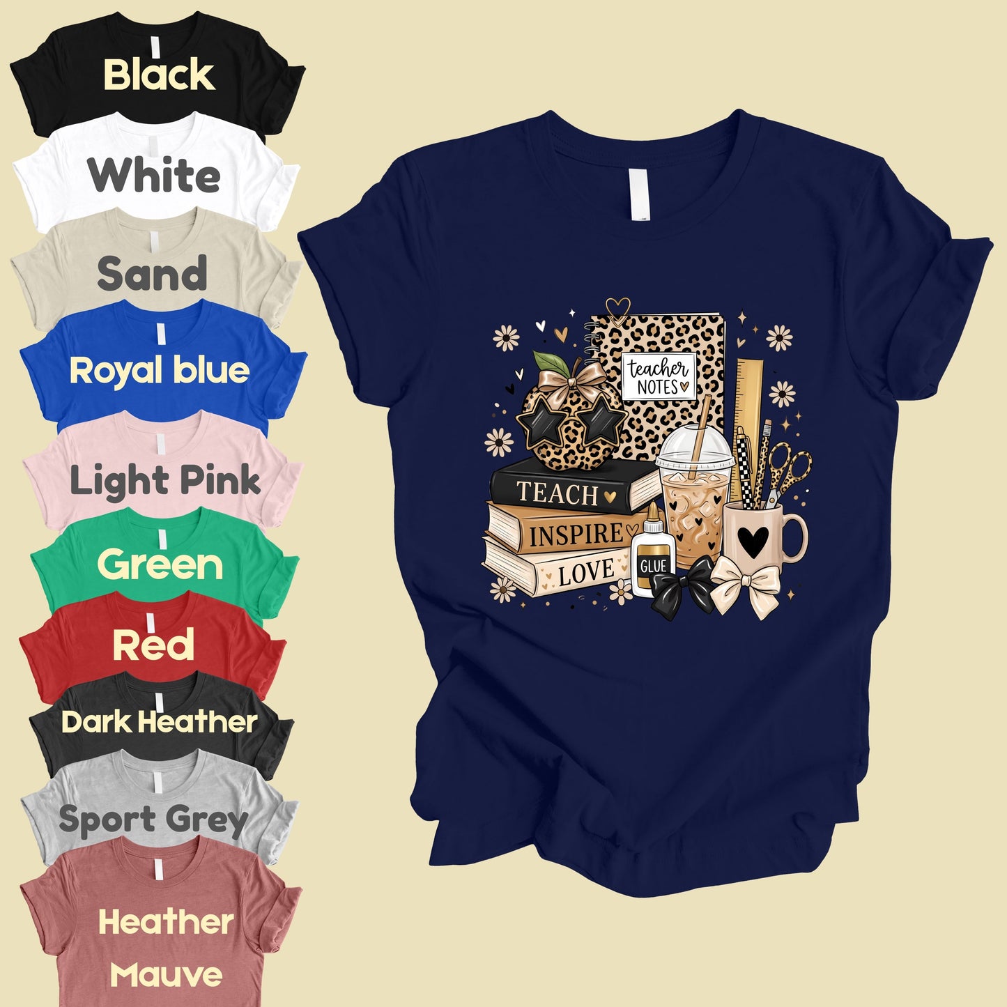 Teach Inspire Love Leopard Teacher T-Shirt, Notebook Coffee Iced Drink Comfort Color Tee