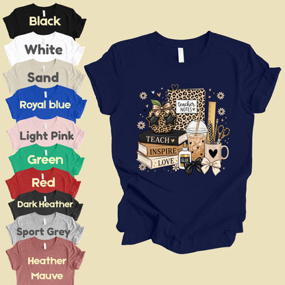 Teach Inspire Love Leopard Teacher T-Shirt, Notebook Coffee Iced Drink Comfort Color Tee