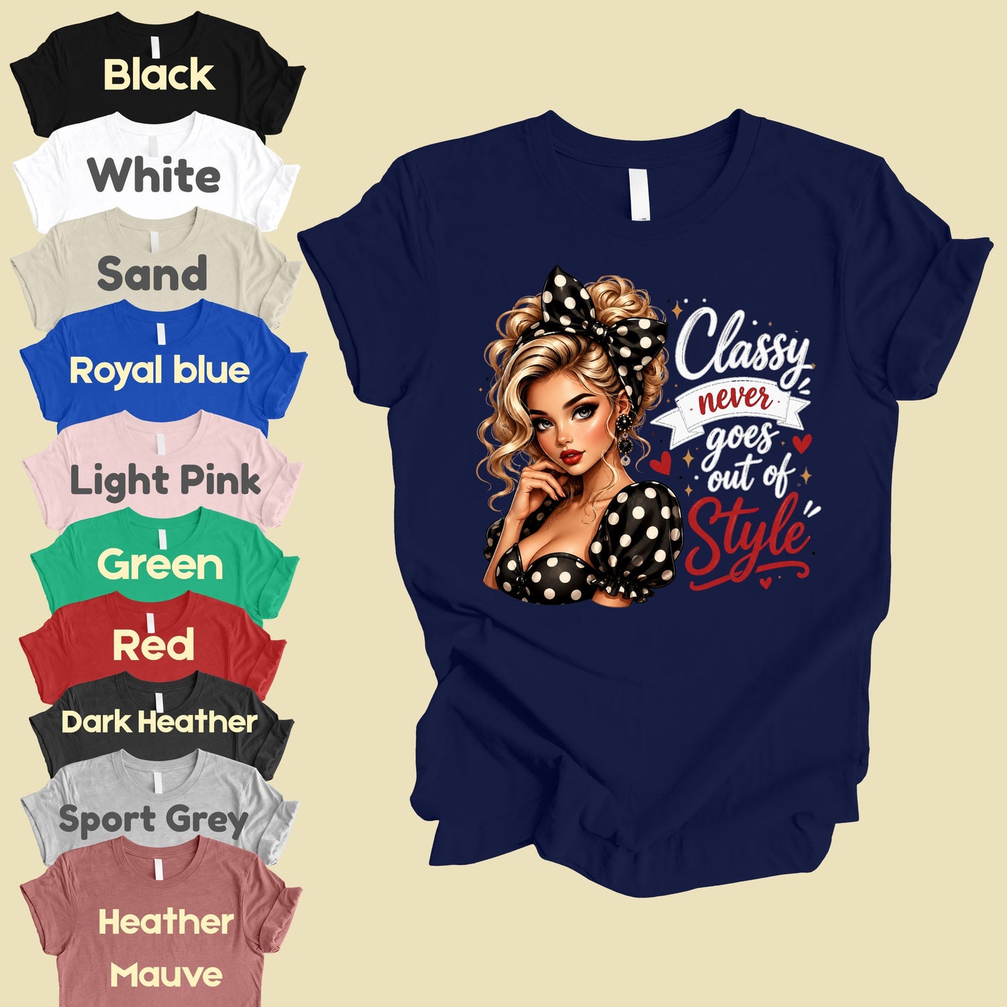 Classy Never Goes Out of Style Pinup Girl T-Shirt, Vintage Polka Dot Bow Tee Sweatshirt