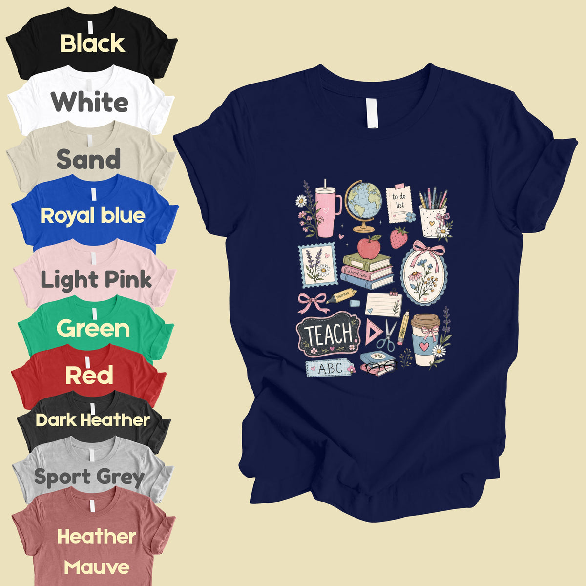 Cute Teacher Supplies Coquette T-Shirt, Books Coffee Globe Pink Bows Back to School Tee