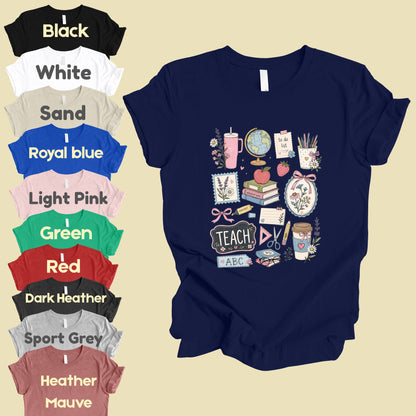 Cute Teacher Supplies Coquette T-Shirt, Books Coffee Globe Pink Bows Back to School Tee