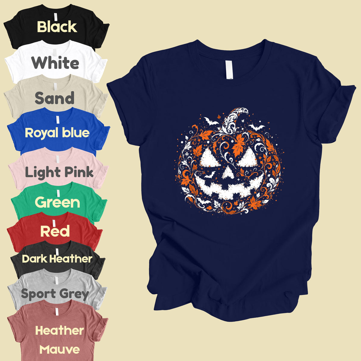 Halloween Pumpkin Face Floral Swirl Gothic T-Shirt, Intricate Spooky Pumpkin Tee