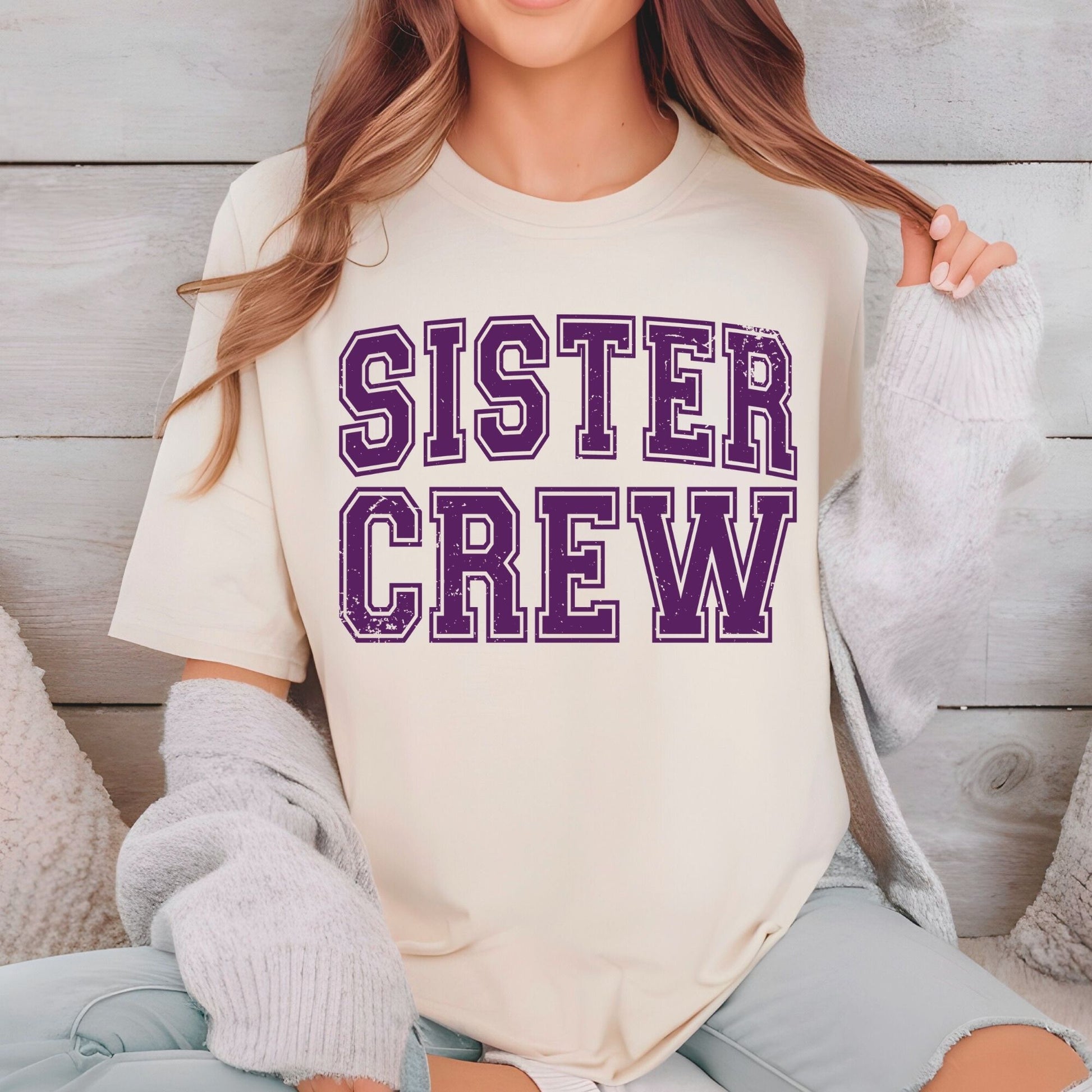 Sister Crew Retro Purple Distressed DTF Transfer Ready to Press Family Vacation UV DTF Sticker Collegiate Varsity Typography Heat Transfer for Shirts