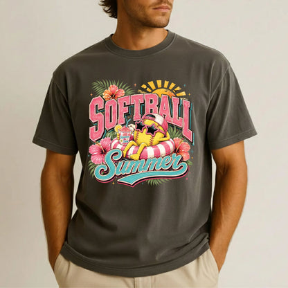 Softball Summer Retro Softball Character DTF Transfer Ready to Press Summer Vacation UV DTF Sticker Pool Float & Hibiscus Heat Transfer for Shirts