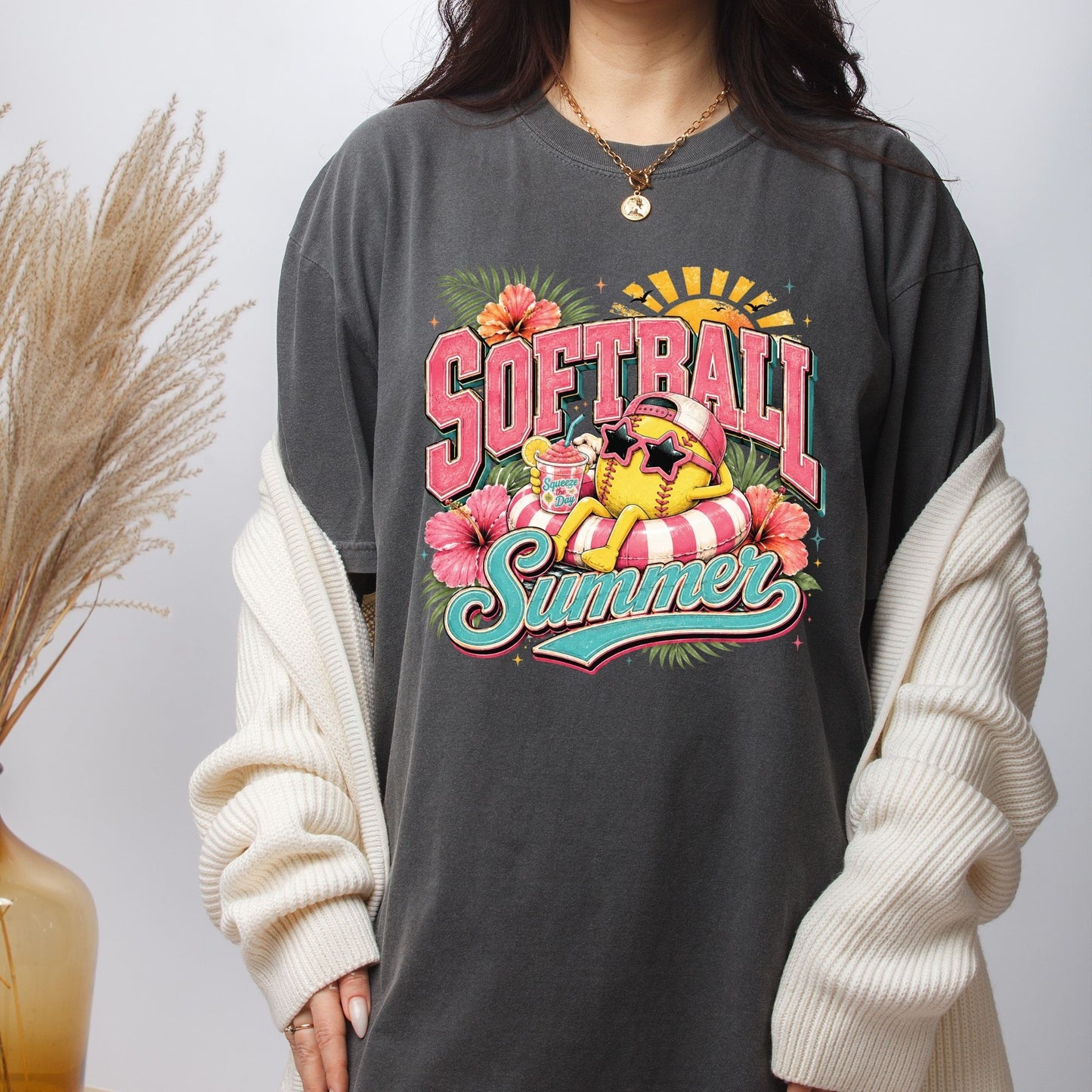 Softball Summer Retro Softball Character DTF Transfer Ready to Press Summer Vacation UV DTF Sticker Pool Float & Hibiscus Heat Transfer for Shirts