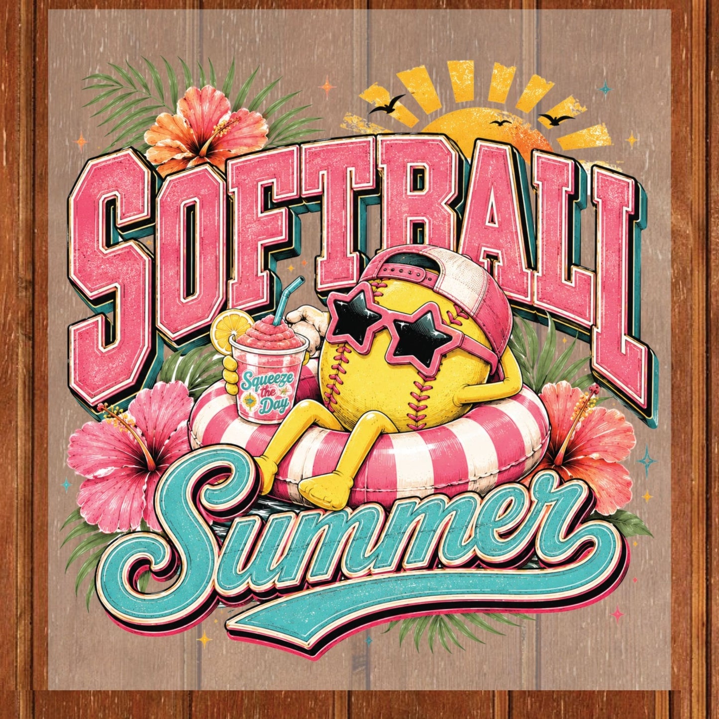 Softball Summer Retro Softball Character DTF Transfer Ready to Press Summer Vacation UV DTF Sticker Pool Float & Hibiscus Heat Transfer for Shirts