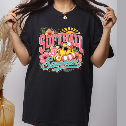 Softball Summer Retro Softball Character DTF Transfer Ready to Press Summer Vacation UV DTF Sticker Pool Float & Hibiscus Heat Transfer for Shirts