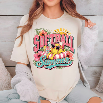 Softball Summer Retro Softball Character DTF Transfer Ready to Press Summer Vacation UV DTF Sticker Pool Float & Hibiscus Heat Transfer for Shirts