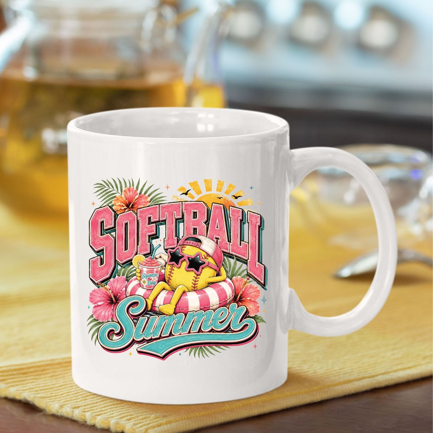 Softball Summer Retro Softball Character DTF Transfer Ready to Press Summer Vacation UV DTF Sticker Pool Float & Hibiscus Heat Transfer for Shirts