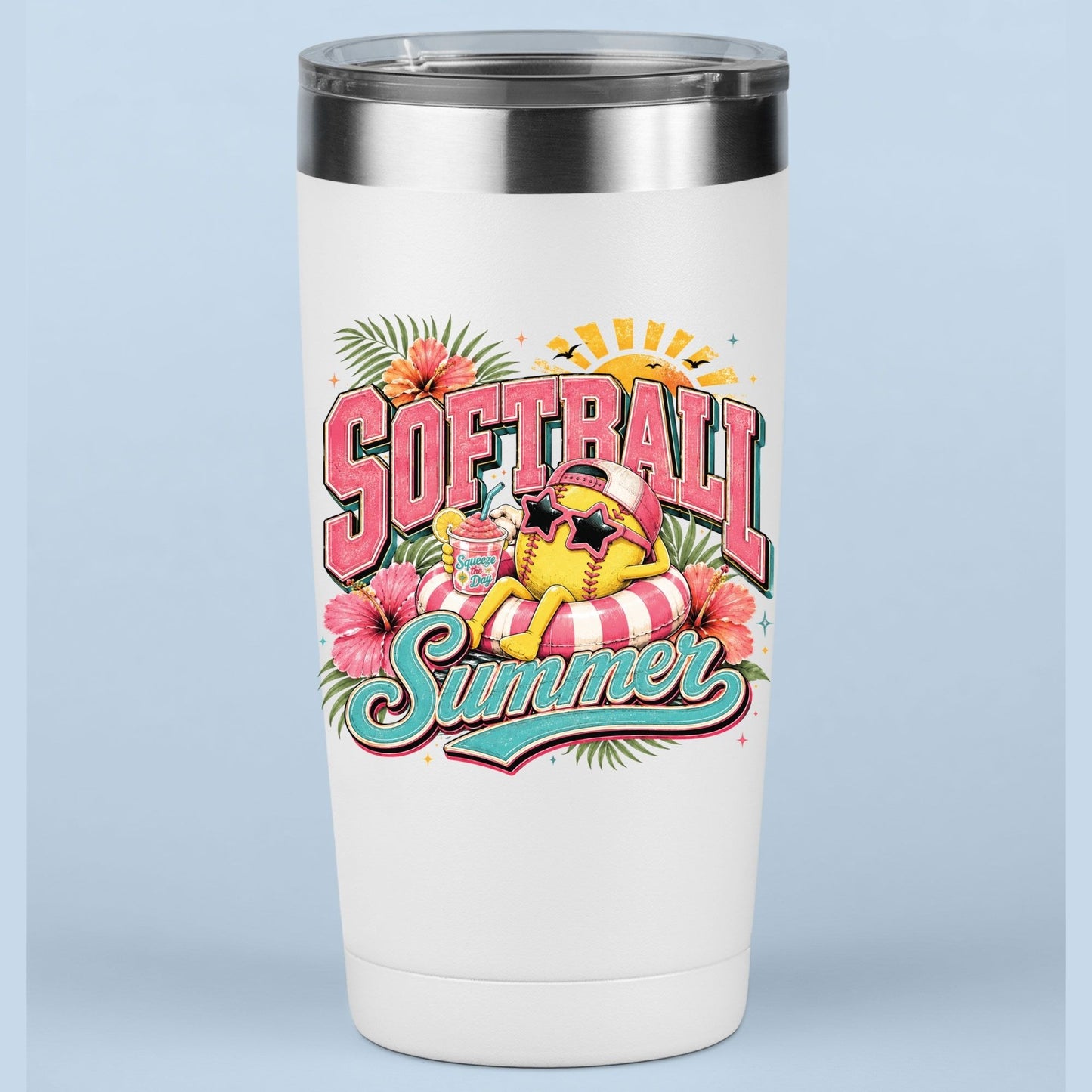 Softball Summer Retro Softball Character DTF Transfer Ready to Press Summer Vacation UV DTF Sticker Pool Float & Hibiscus Heat Transfer for Shirts