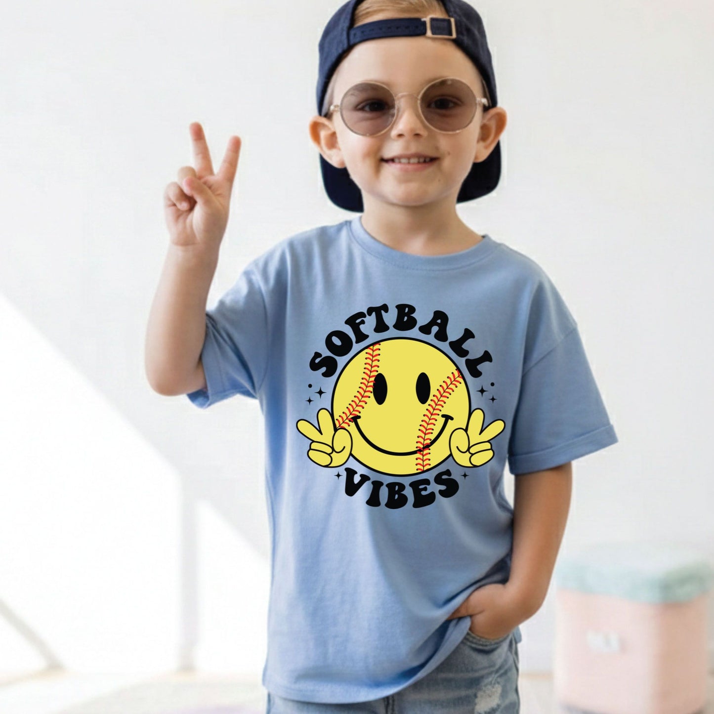 Softball Vibes Children Shirt Smiley Face Peace Sign Sweatshirt