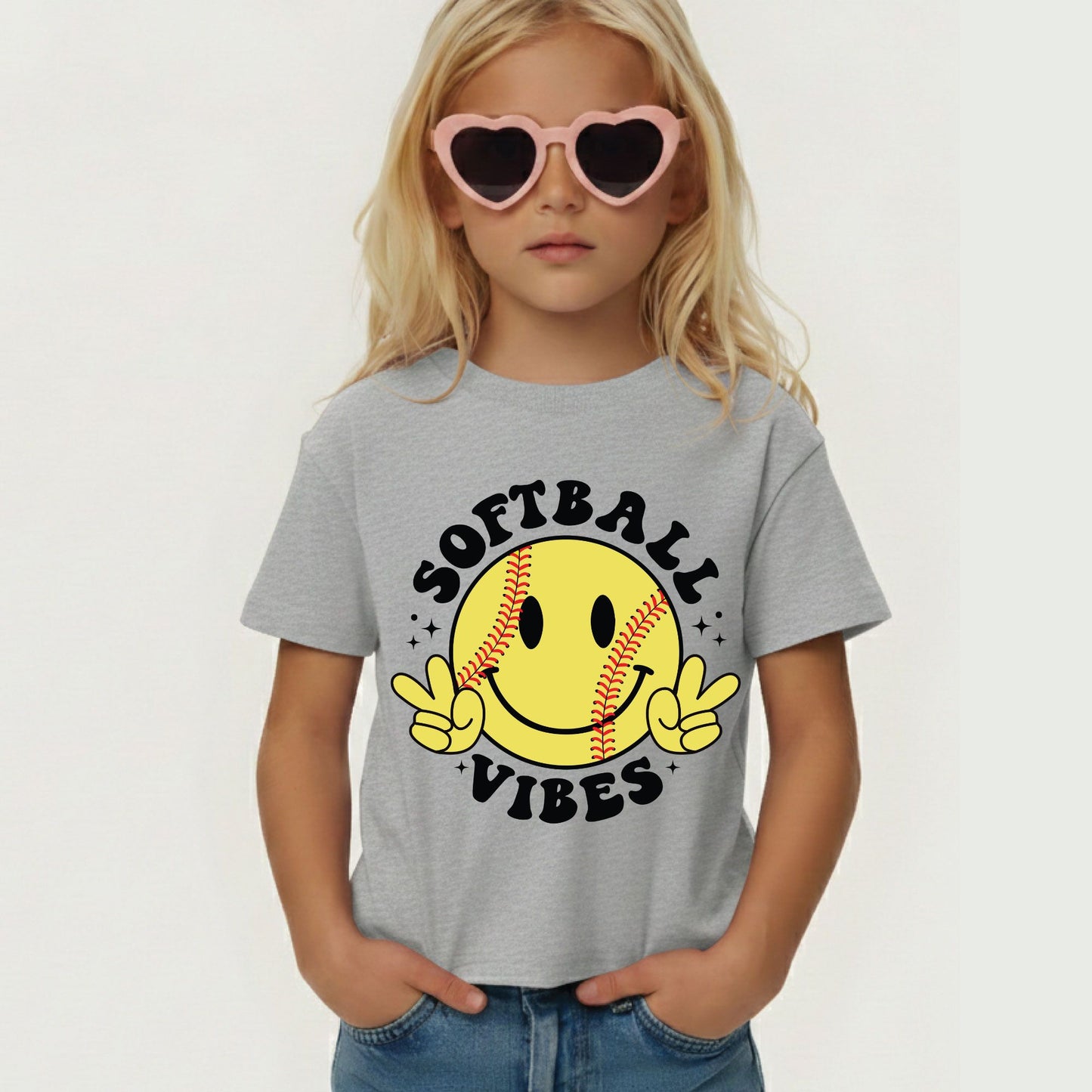 Softball Vibes Children Shirt Smiley Face Peace Sign Sweatshirt