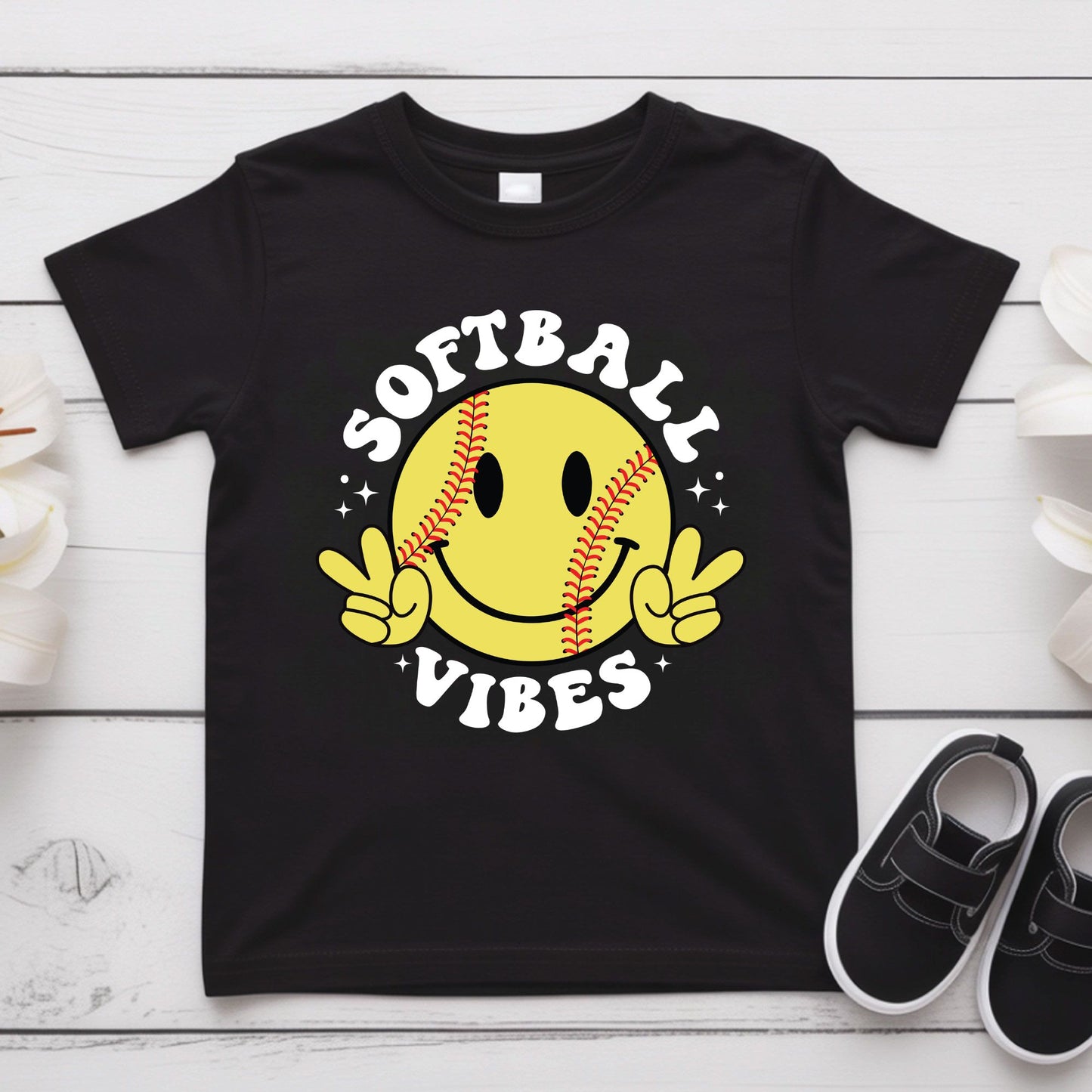 Softball Vibes Children Shirt Smiley Face Peace Sign Sweatshirt