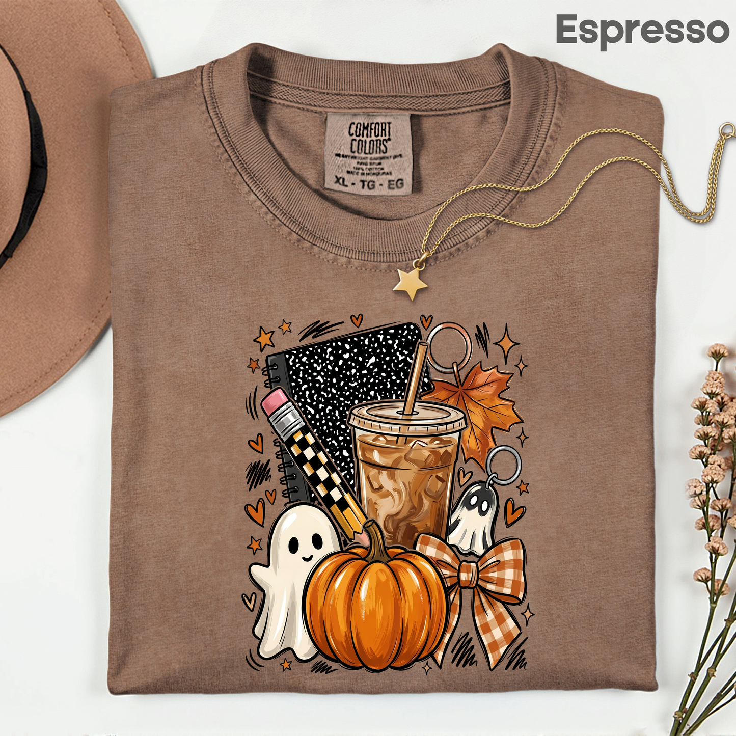 Spooky Teacher Comfort Colors T Shirts Cute Halloween Back To School Tee Pumpkin Iced Coffee Ghost Composition Notebook Shirt Fall Graphic Sweater