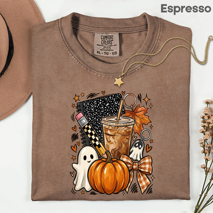 Spooky Teacher Comfort Colors T Shirts Cute Halloween Back To School Tee Pumpkin Iced Coffee Ghost Composition Notebook Shirt Fall Graphic Sweater