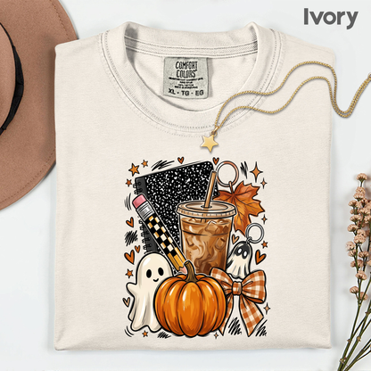 Spooky Teacher Comfort Colors T Shirts Cute Halloween Back To School Tee Pumpkin Iced Coffee Ghost Composition Notebook Shirt Fall Graphic Sweater