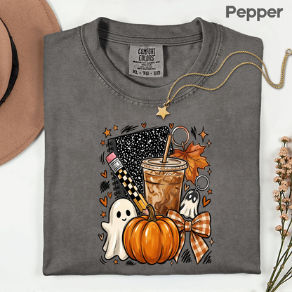 Spooky Teacher Comfort Colors T Shirts Cute Halloween Back To School Tee Pumpkin Iced Coffee Ghost Composition Notebook Shirt Fall Graphic Sweater