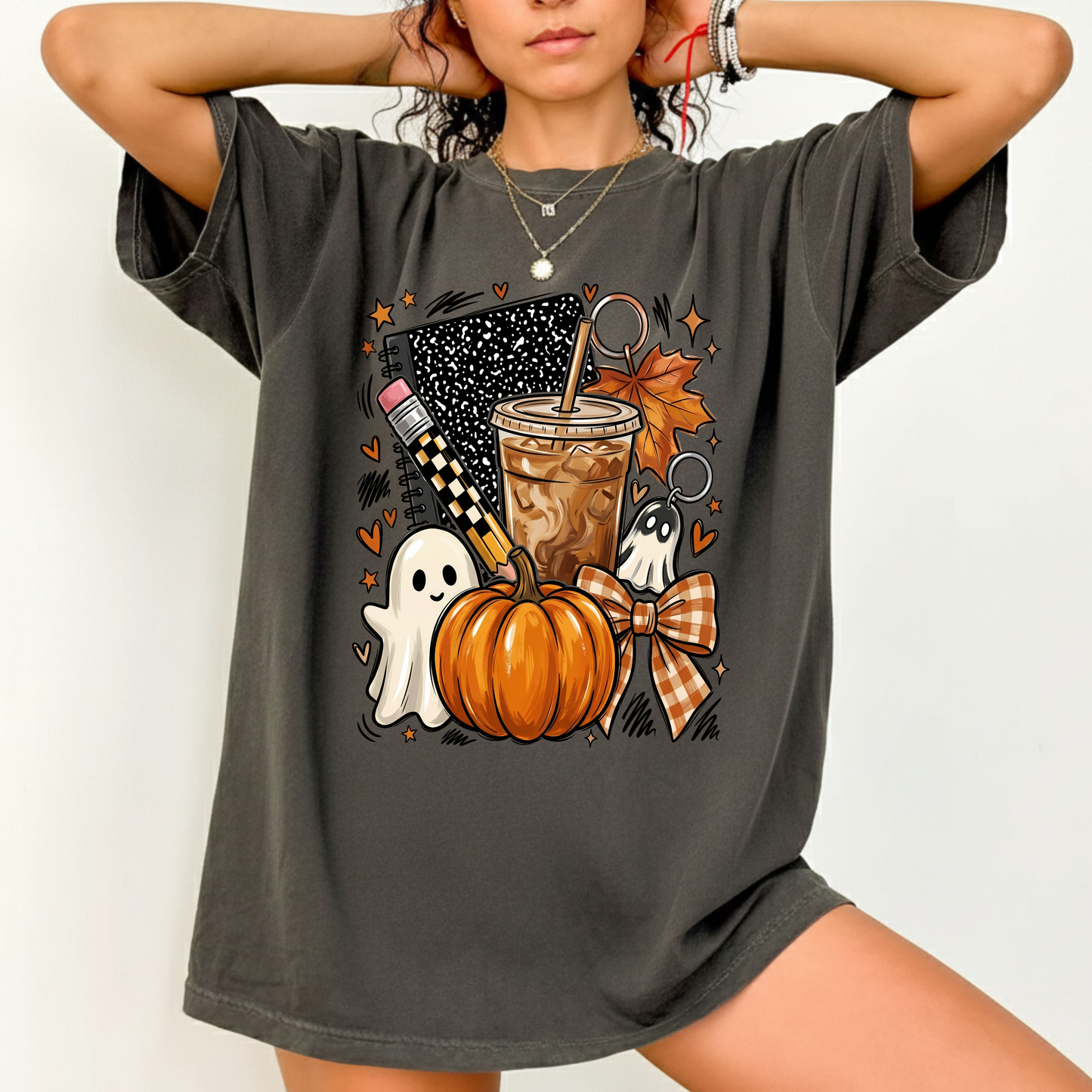 Spooky Teacher Comfort Colors T Shirts Cute Halloween Back To School Tee Pumpkin Iced Coffee Ghost Composition Notebook Shirt Fall Graphic Sweater