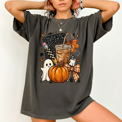 Spooky Teacher Comfort Colors T Shirts Cute Halloween Back To School Tee Pumpkin Iced Coffee Ghost Composition Notebook Shirt Fall Graphic Sweater