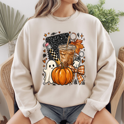 Spooky Teacher Comfort Colors T Shirts Cute Halloween Back To School Tee Pumpkin Iced Coffee Ghost Composition Notebook Shirt Fall Graphic Sweater