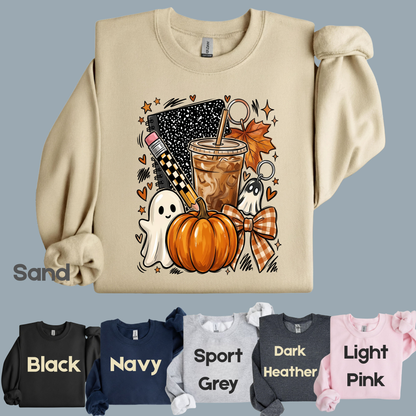 Spooky Teacher Comfort Colors T Shirts Cute Halloween Back To School Tee Pumpkin Iced Coffee Ghost Composition Notebook Shirt Fall Graphic Sweater