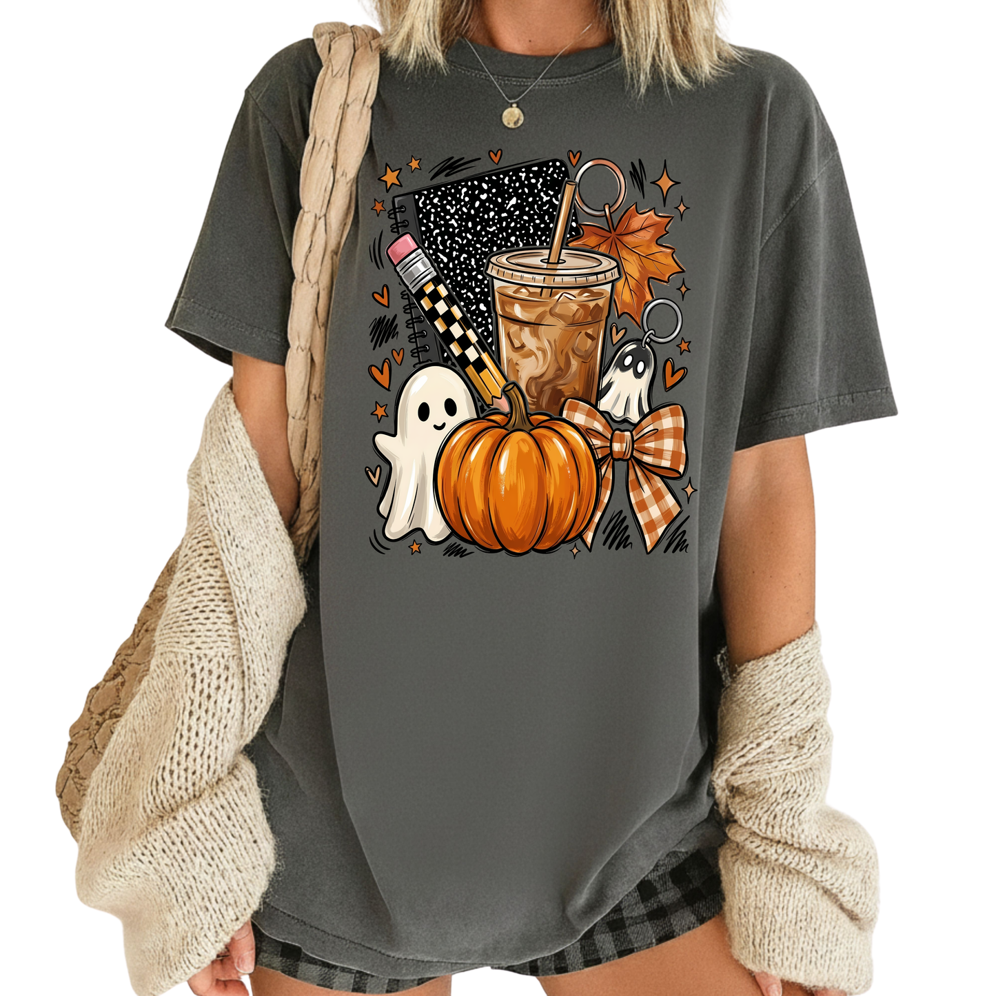 Spooky Teacher Comfort Colors T Shirts Cute Halloween Back To School Tee Pumpkin Iced Coffee Ghost Composition Notebook Shirt Fall Graphic Sweater