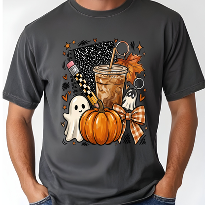 Spooky Teacher Comfort Colors T Shirts Cute Halloween Back To School Tee Pumpkin Iced Coffee Ghost Composition Notebook Shirt Fall Graphic Sweater