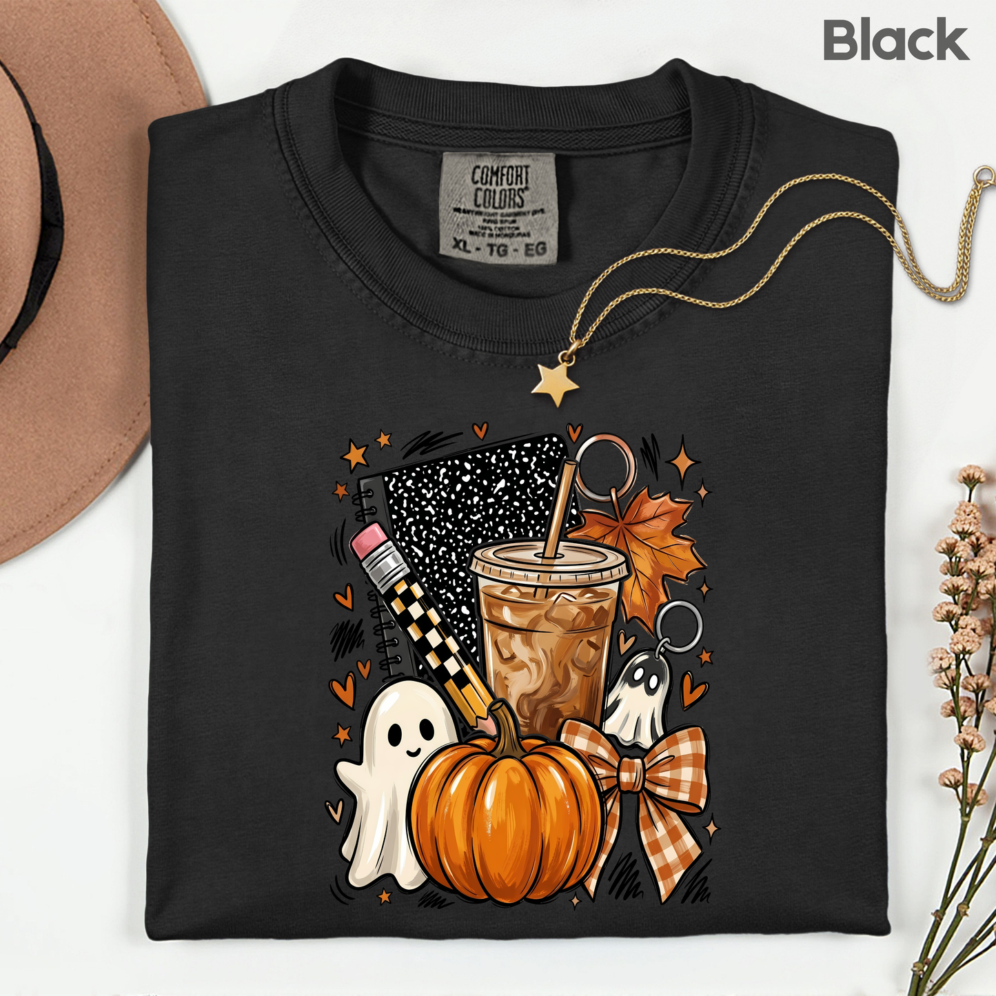 Spooky Teacher Comfort Colors T Shirts Cute Halloween Back To School Tee Pumpkin Iced Coffee Ghost Composition Notebook Shirt Fall Graphic Sweater