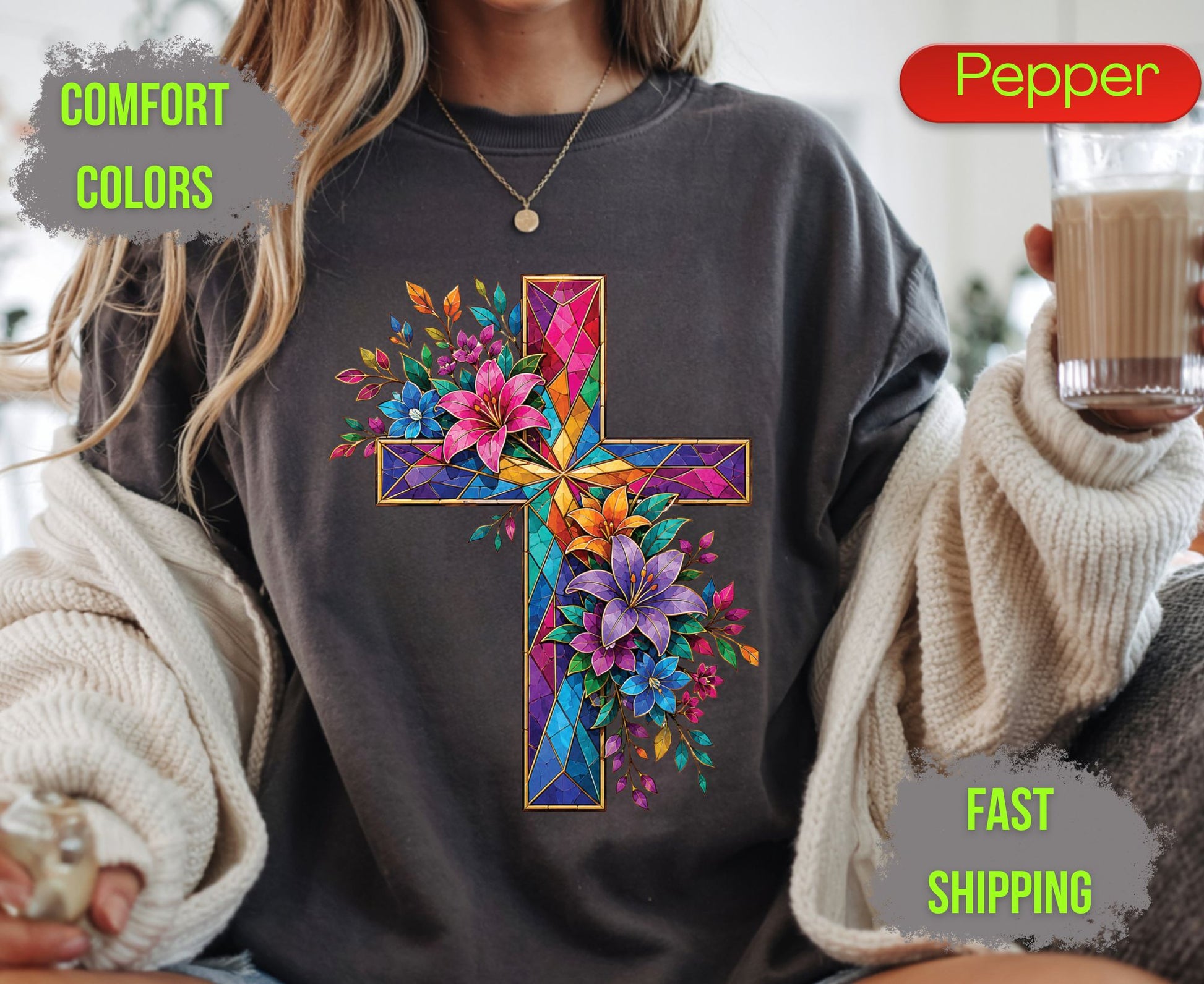 Stained Glass Cross Comfort Colors T Shirts Christian Floral Lily Tee Beautiful Easter Mosaic Shirt Religious Faith Grace Colorful Flower Gifts