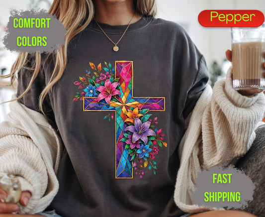 Stained Glass Cross Comfort Colors T Shirts Christian Floral Lily Tee Beautiful Easter Mosaic Shirt Religious Faith Grace Colorful Flower Gifts