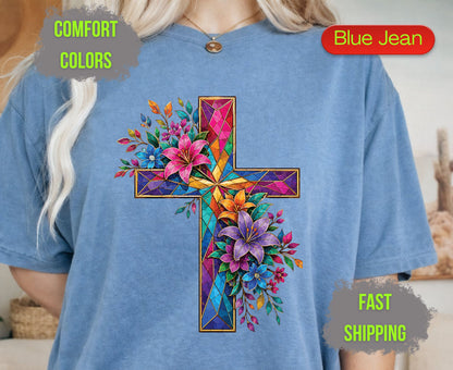 Stained Glass Cross Comfort Colors T Shirts Christian Floral Lily Tee Beautiful Easter Mosaic Shirt Religious Faith Grace Colorful Flower Gifts