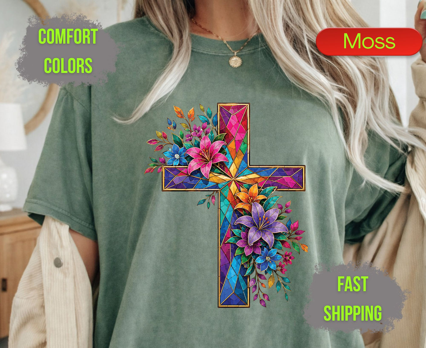 Stained Glass Cross Comfort Colors T Shirts Christian Floral Lily Tee Beautiful Easter Mosaic Shirt Religious Faith Grace Colorful Flower Gifts