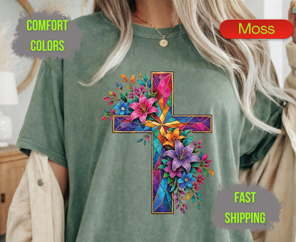 Stained Glass Cross Comfort Colors T Shirts Christian Floral Lily Tee Beautiful Easter Mosaic Shirt Religious Faith Grace Colorful Flower Gifts