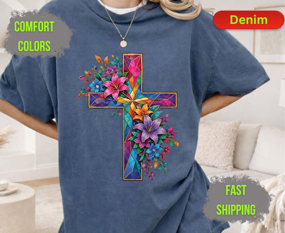 Stained Glass Cross Comfort Colors T Shirts Christian Floral Lily Tee Beautiful Easter Mosaic Shirt Religious Faith Grace Colorful Flower Gifts