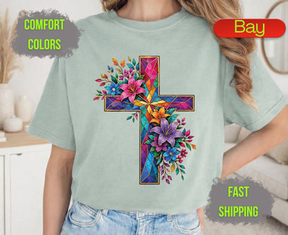 Stained Glass Cross Comfort Colors T Shirts Christian Floral Lily Tee Beautiful Easter Mosaic Shirt Religious Faith Grace Colorful Flower Gifts