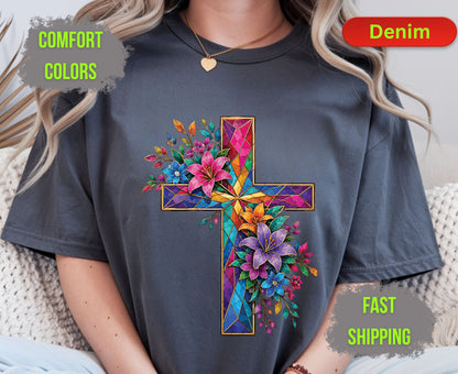 Stained Glass Cross Comfort Colors T Shirts Christian Floral Lily Tee Beautiful Easter Mosaic Shirt Religious Faith Grace Colorful Flower Gifts