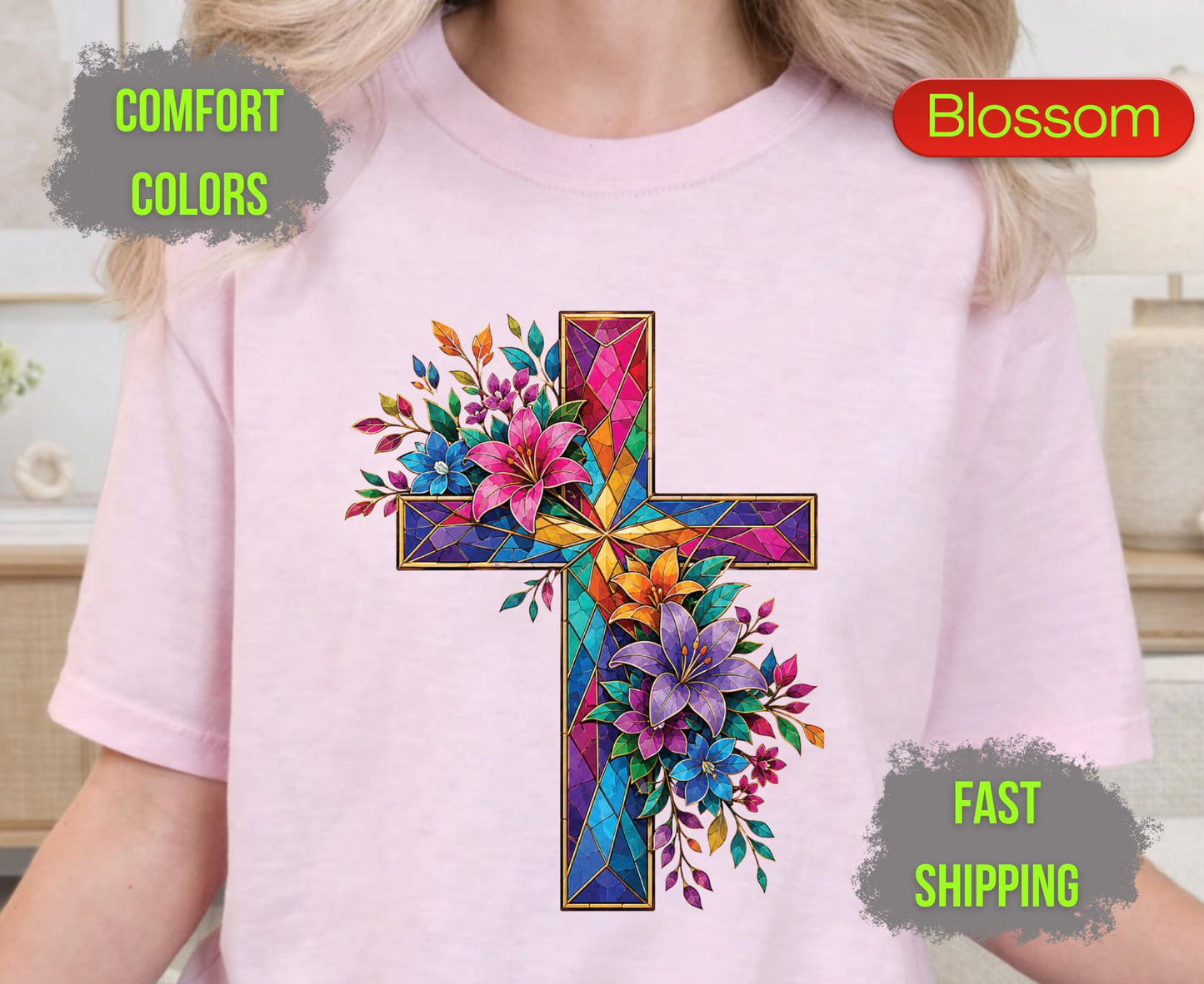 Stained Glass Cross Comfort Colors T Shirts Christian Floral Lily Tee Beautiful Easter Mosaic Shirt Religious Faith Grace Colorful Flower Gifts