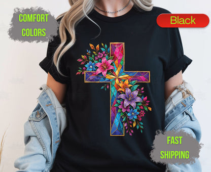 Stained Glass Cross Comfort Colors T Shirts Christian Floral Lily Tee Beautiful Easter Mosaic Shirt Religious Faith Grace Colorful Flower Gifts