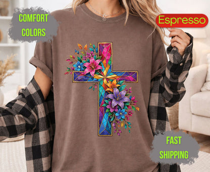 Stained Glass Cross Comfort Colors T Shirts Christian Floral Lily Tee Beautiful Easter Mosaic Shirt Religious Faith Grace Colorful Flower Gifts