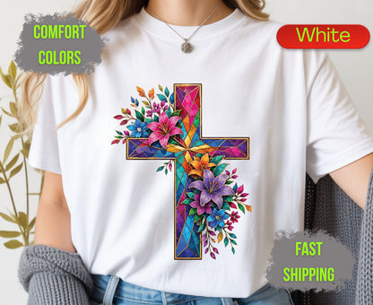 Stained Glass Cross Comfort Colors T Shirts Christian Floral Lily Tee Beautiful Easter Mosaic Shirt Religious Faith Grace Colorful Flower Gifts