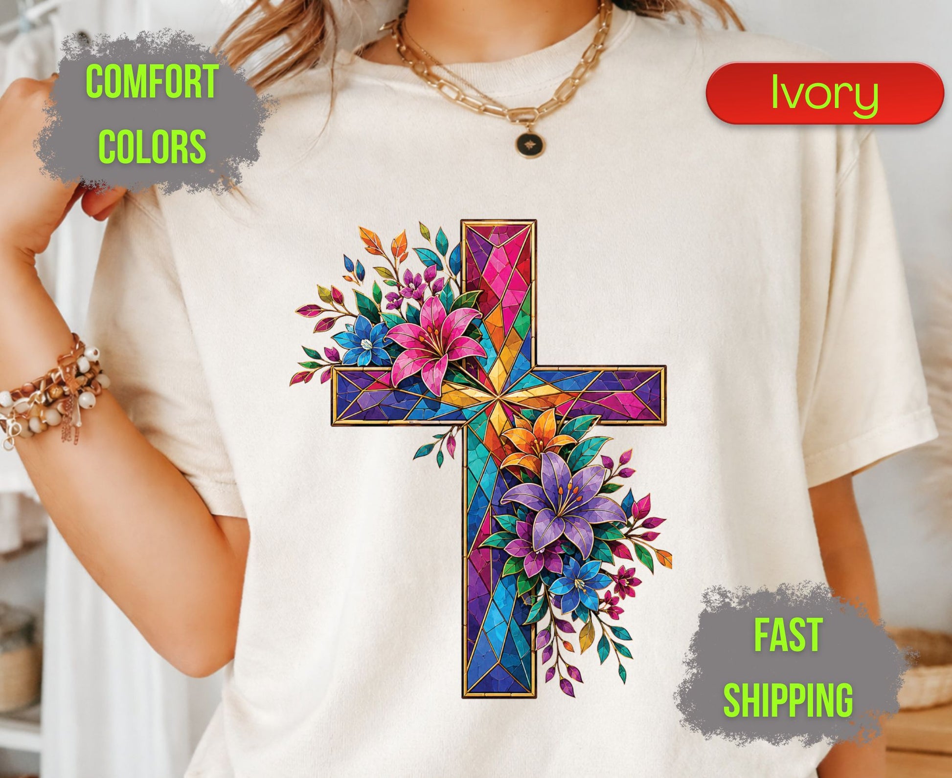 Stained Glass Cross Comfort Colors T Shirts Christian Floral Lily Tee Beautiful Easter Mosaic Shirt Religious Faith Grace Colorful Flower Gifts