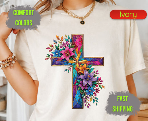 Stained Glass Cross Comfort Colors T Shirts Christian Floral Lily Tee Beautiful Easter Mosaic Shirt Religious Faith Grace Colorful Flower Gifts