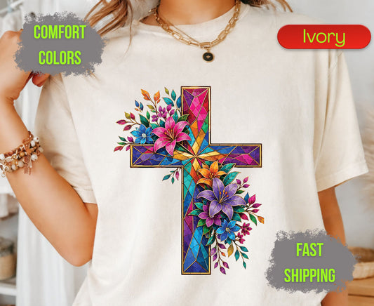 Stained Glass Cross Comfort Colors T Shirts Christian Floral Lily Tee Beautiful Easter Mosaic Shirt Religious Faith Grace Colorful Flower Gifts