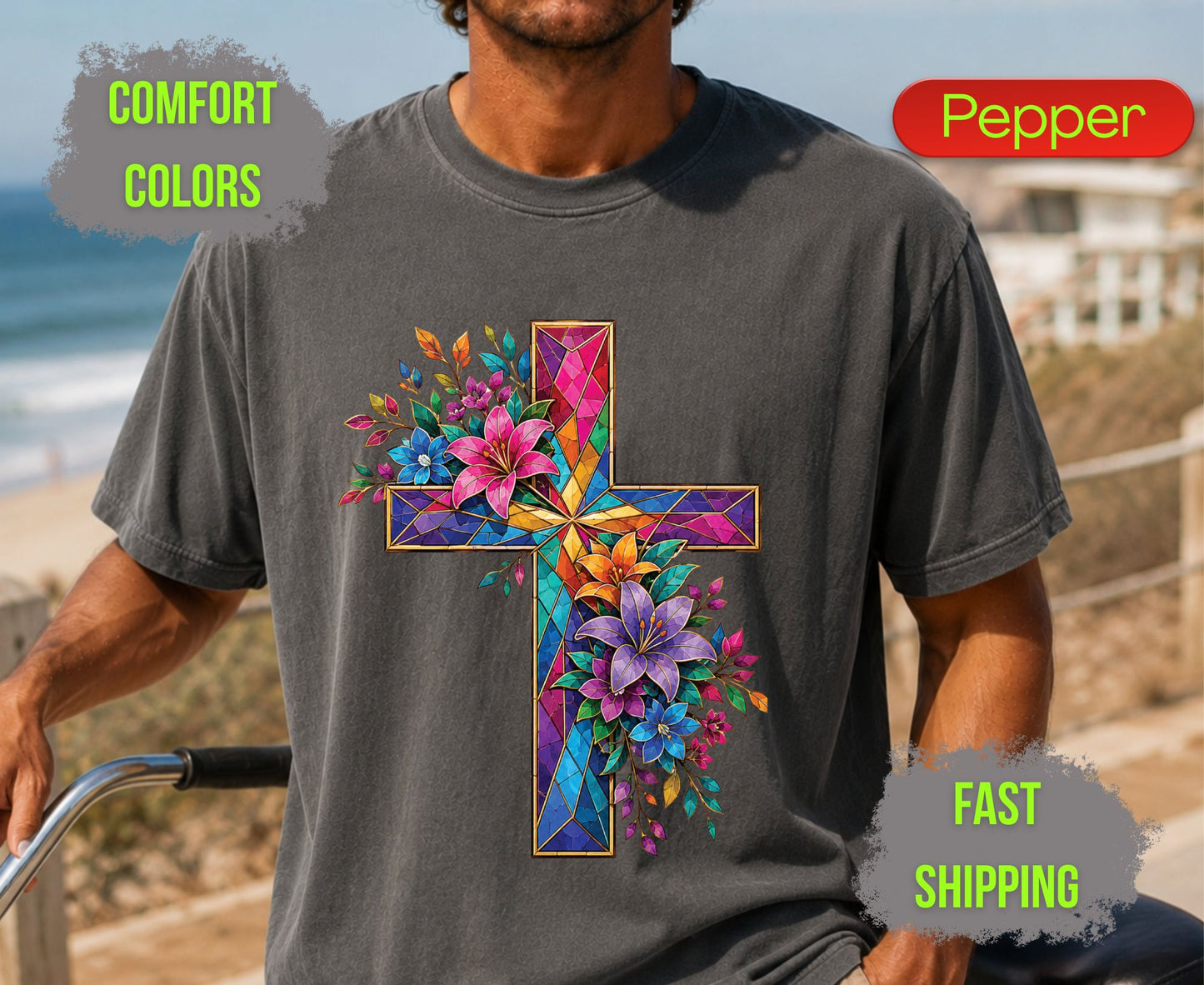 Stained Glass Cross Comfort Colors T Shirts Christian Floral Lily Tee Beautiful Easter Mosaic Shirt Religious Faith Grace Colorful Flower Gifts