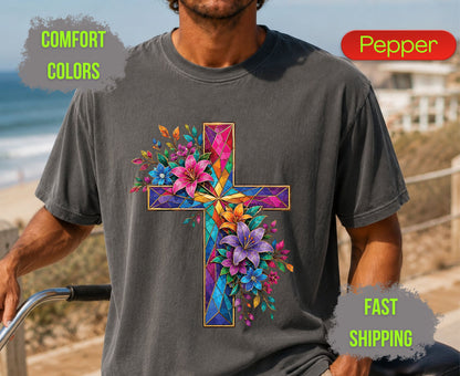 Stained Glass Cross Comfort Colors T Shirts Christian Floral Lily Tee Beautiful Easter Mosaic Shirt Religious Faith Grace Colorful Flower Gifts