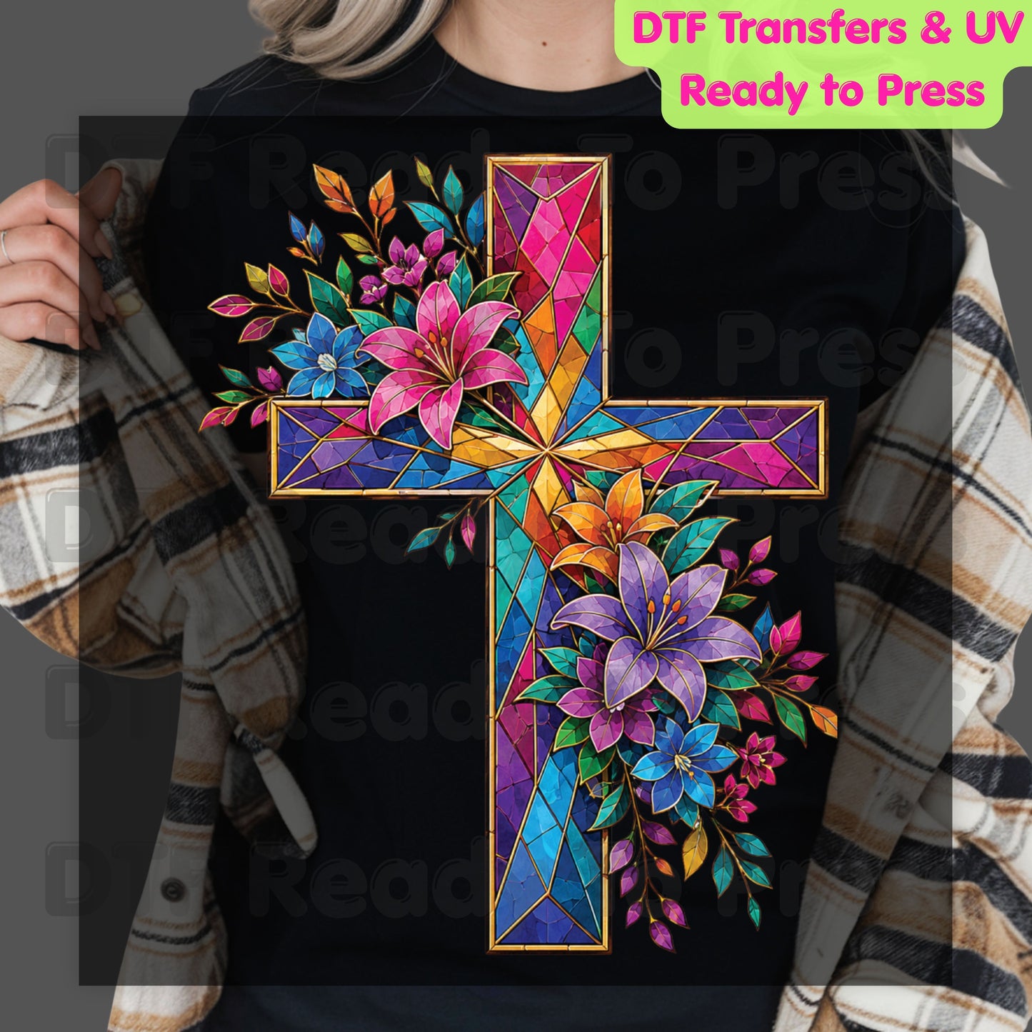 Stained Glass Cross DTF Transfer Ready to Press