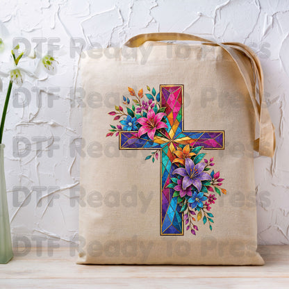 Stained Glass Cross DTF Transfer Ready to Press