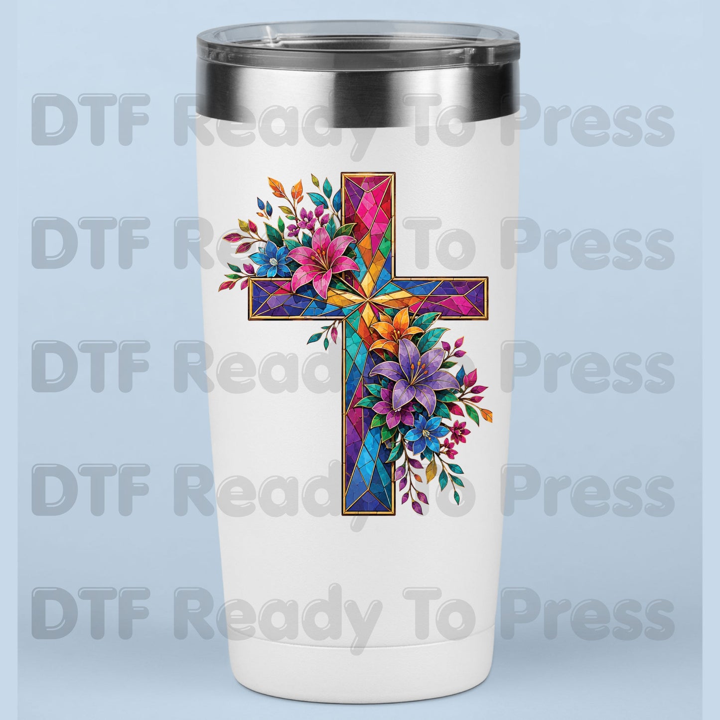 Stained Glass Cross DTF Transfer Ready to Press Christian Floral Cross UV DTF Sticker Colorful Easter Lilies Religious Faith Heat Transfer for Shirts